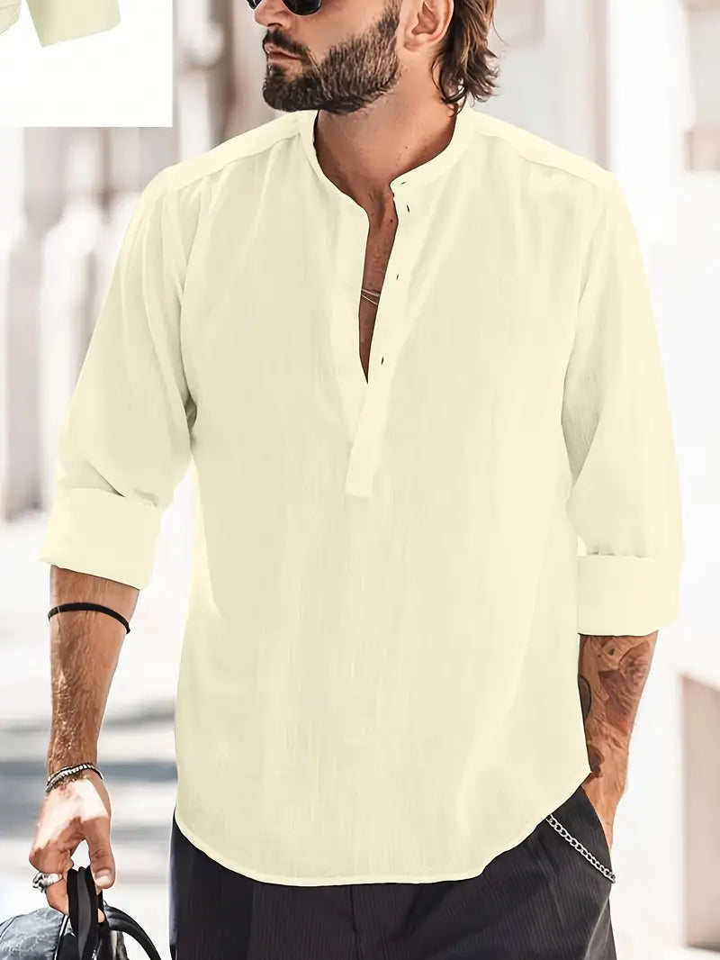 NOUVEAU RICHE Leinenhemd Herren Langarm Einfarbig Mit Knopfdetails Beige