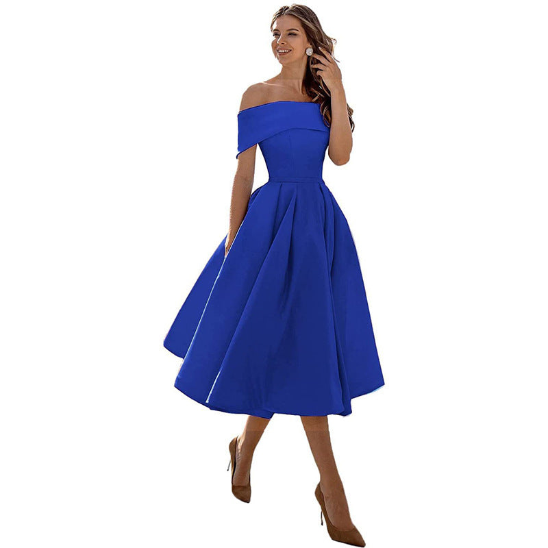 NOUVEAU RICHE Schulterfreies Satin Sommerkleid Damen Elegant Luftig A Linie Saphirblau