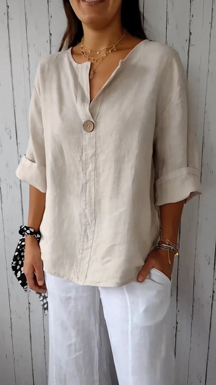 NOUVEAU RICHE Damen Bluse Lockerer Schnitt V-Ausschnitt 3/4 Ärmel Knopf