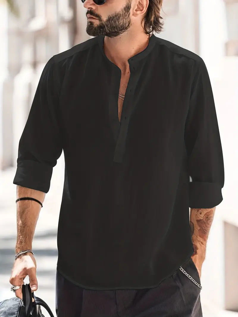 NOUVEAU RICHE Leinenhemd Herren Langarm Einfarbig Mit Knopfdetails Schwarz