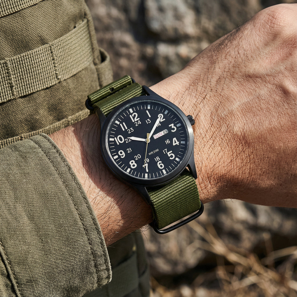 NOUVEAU RICHE Outdoor Herrenuhr – Analoge Sportuhr 100 m wasserdicht, Saphirglas & Quarzwerk, Leuchtzeiger, 4 Farben – Ranches