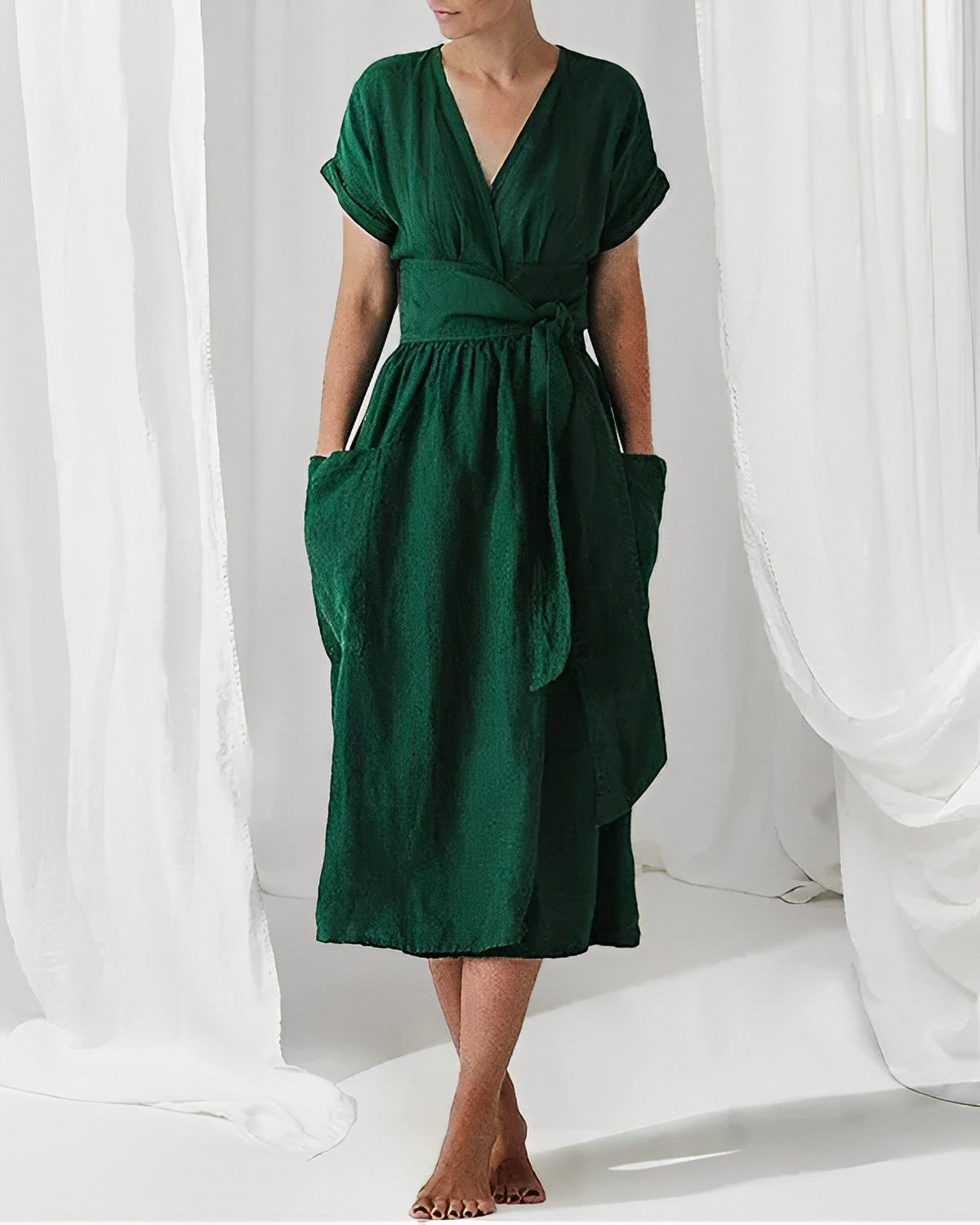 NOUVEAU RICHE Midikleid Mit Gürtel Seitentaschen V Ausschnitt Kimonoärmel Grün