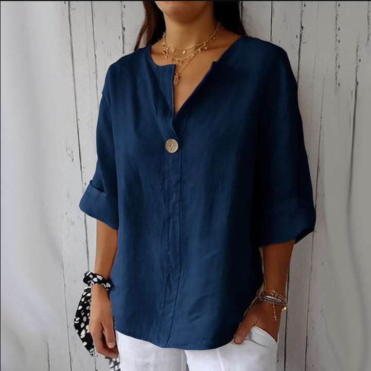 NOUVEAU RICHE Damen Bluse Lockerer Schnitt V-Ausschnitt 3/4 Ärmel Knopf Marineblau