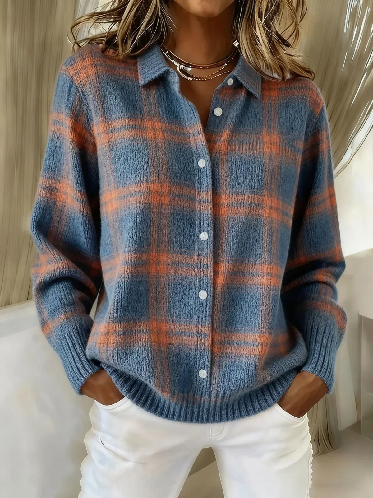 Zahara | Afslappet ternet strikcardigan til kvinder med knapstolpe - Behagelig oversize-cardigan med ternet mønster, blød strikcardigan til efterår og vinter