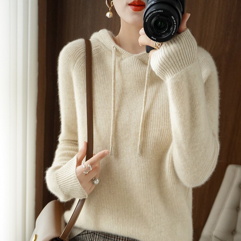 NOUVEAU RICHE Damen Kapuzenpullover Aus Kaschmir Lockere Passform Wärme Beige