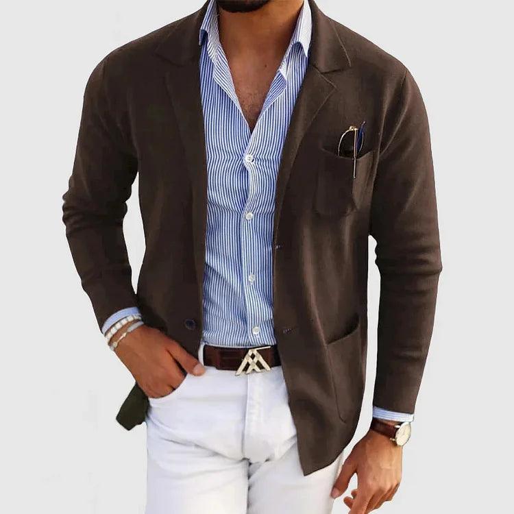 NOUVEAU RICHE Herren Strickjacke Taschen Reverskragen Einfarbig Langarm Braun