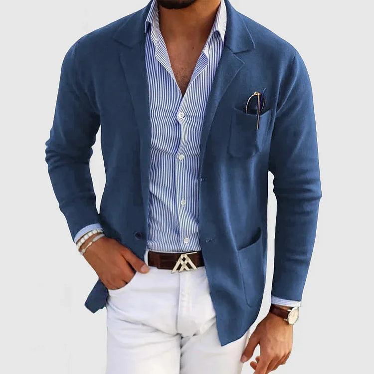 NOUVEAU RICHE Herren Strickjacke Taschen Reverskragen Einfarbig Langarm Blau