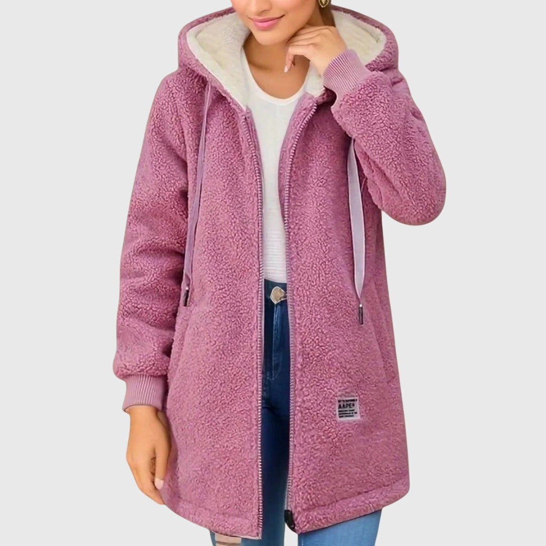 NOUVEAU RICHE Teddyjacke Damen mit Kapuze – Warme Fleecejacke mit Reissverschluss & Taschen, lockere Passform, Blau, Rosa, Braun oder Grün – Dôre Rosa