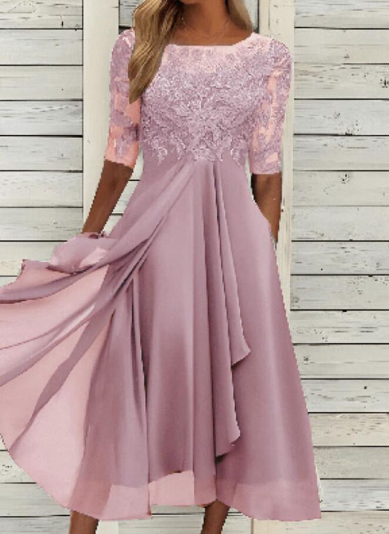 NOUVEAU RICHE Midikleid Chiffon Spitze Dreiviertelarm Festlich Abendkleid Rosa