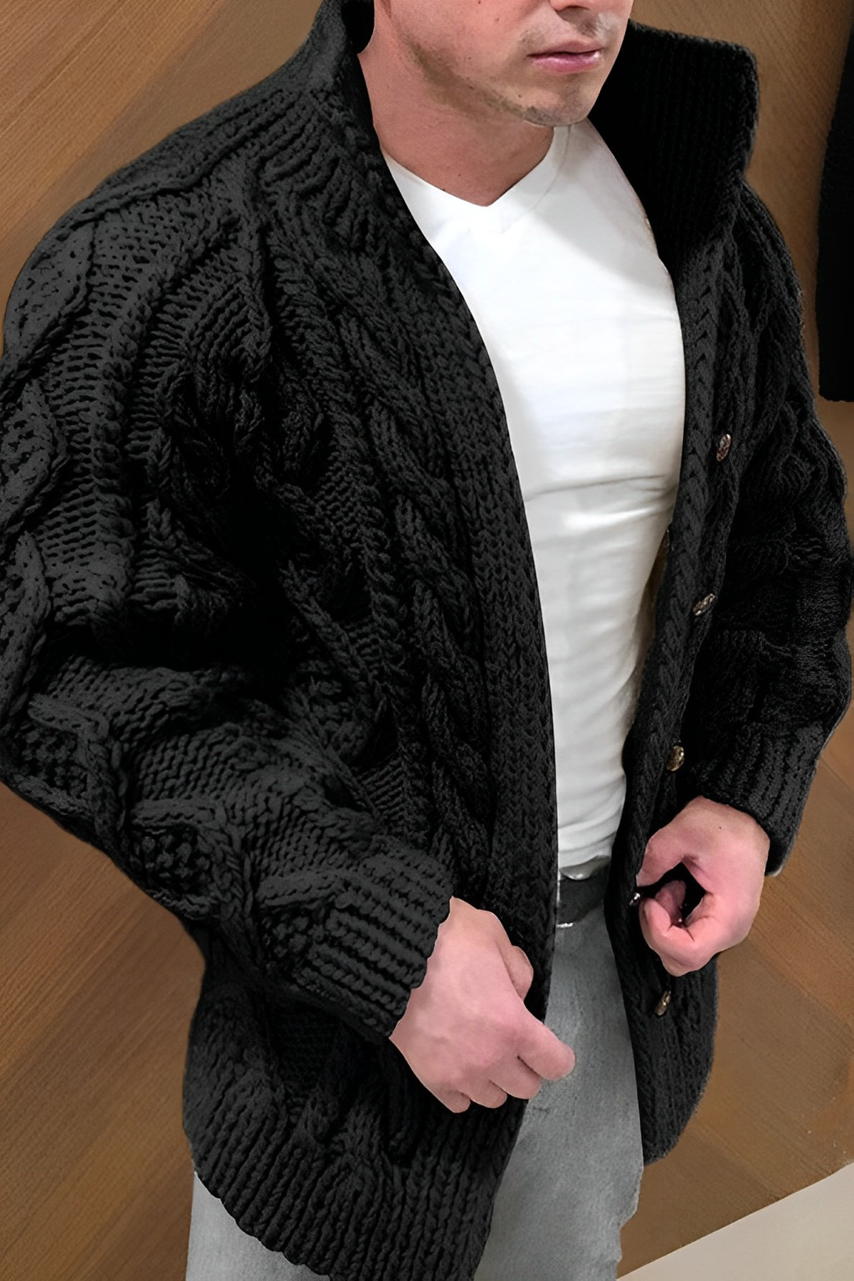 NOUVEAU RICHE Herren Warme Strickjacke Im Zopfmuster Flexible Cardigan Schwarz