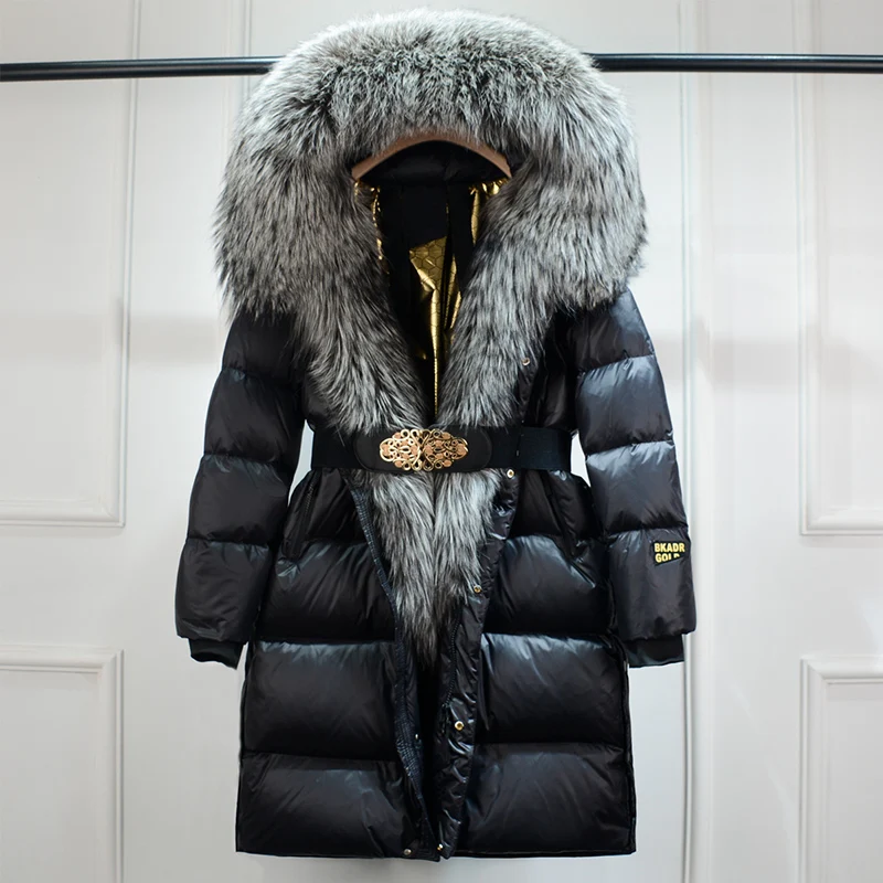 NOUVEAU RICHE Damen Puffer-Mantel Mit Gürtel Kunstpelzkragen Silhouette Schwarz Silber