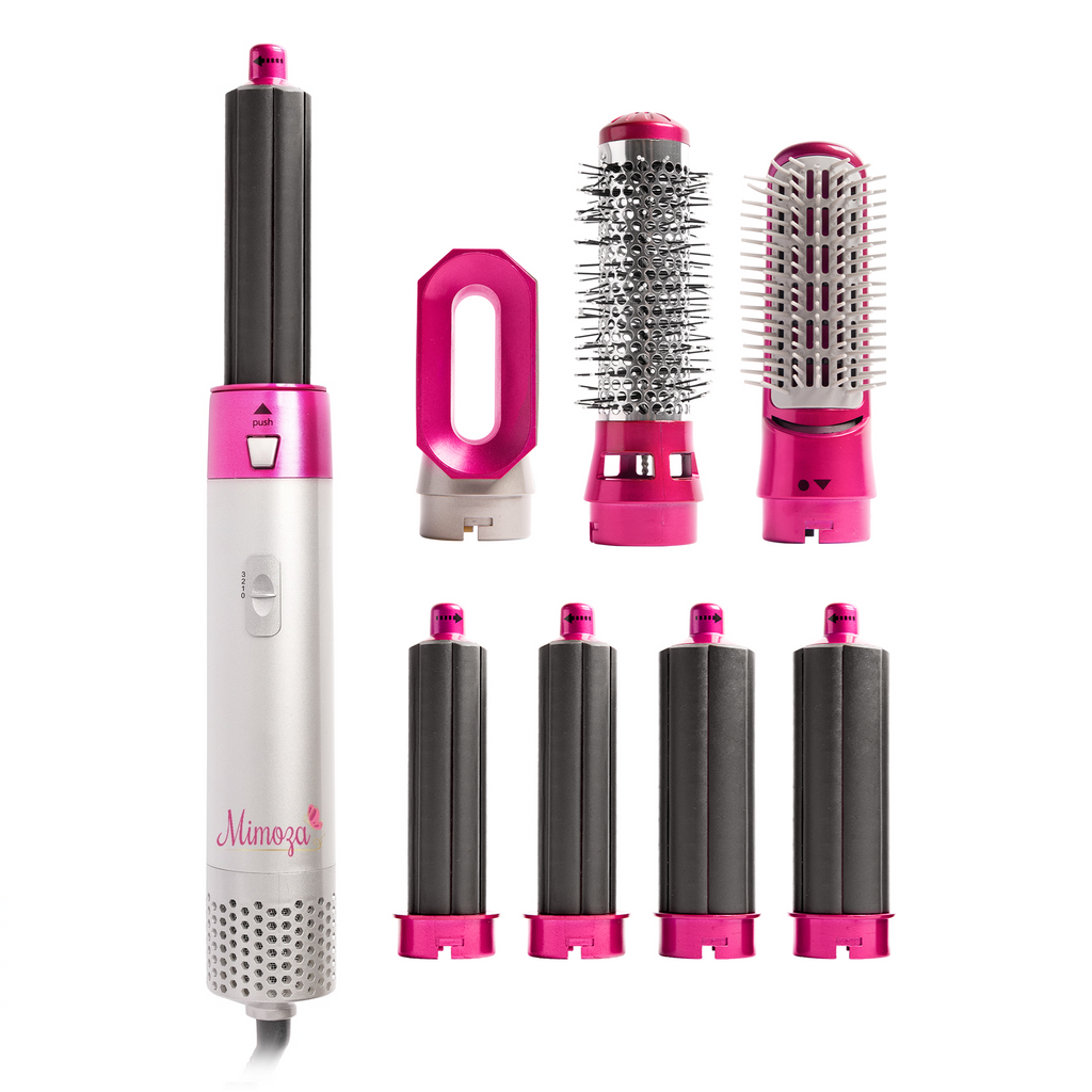 NOUVEAU RICHE 7-in-1 Föhnbürste & Luftstyler – 1000W Ionen Airstyler mit Lock-, Glätt-, Diffusor- & Volumenaufsätzen – Lyra Pink Kein Aufbewahrungsetui – nur Basisset