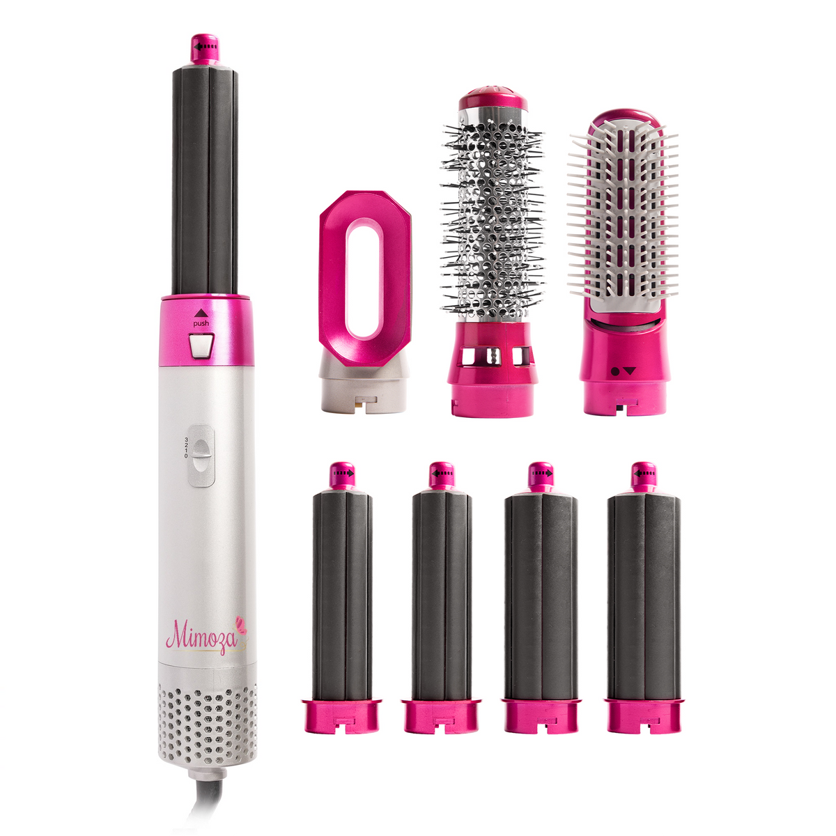NOUVEAU RICHE 7-in-1 Föhnbürste & Luftstyler – 1000W Ionen Airstyler mit Lock-, Glätt-, Diffusor- & Volumenaufsätzen – Lyra Pink Kein Aufbewahrungsetui – nur Basisset