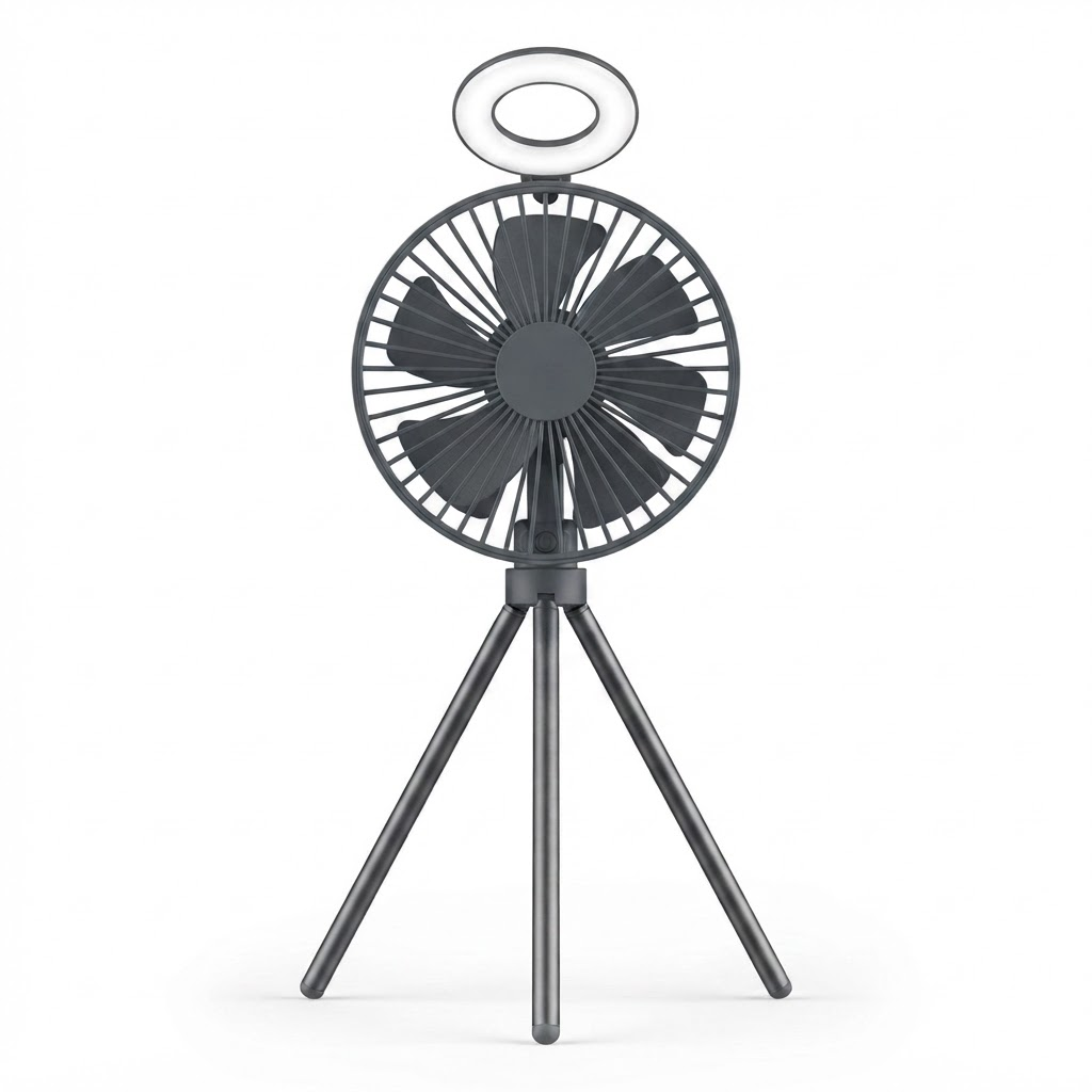10000-mAh-Campingventilator – Wiederaufladbarer, tragbarer Stativventilator mit LED-Ringlicht, Powerbank und Luftzirkulator für Zelt, Schreibtisch und Outdoor 0