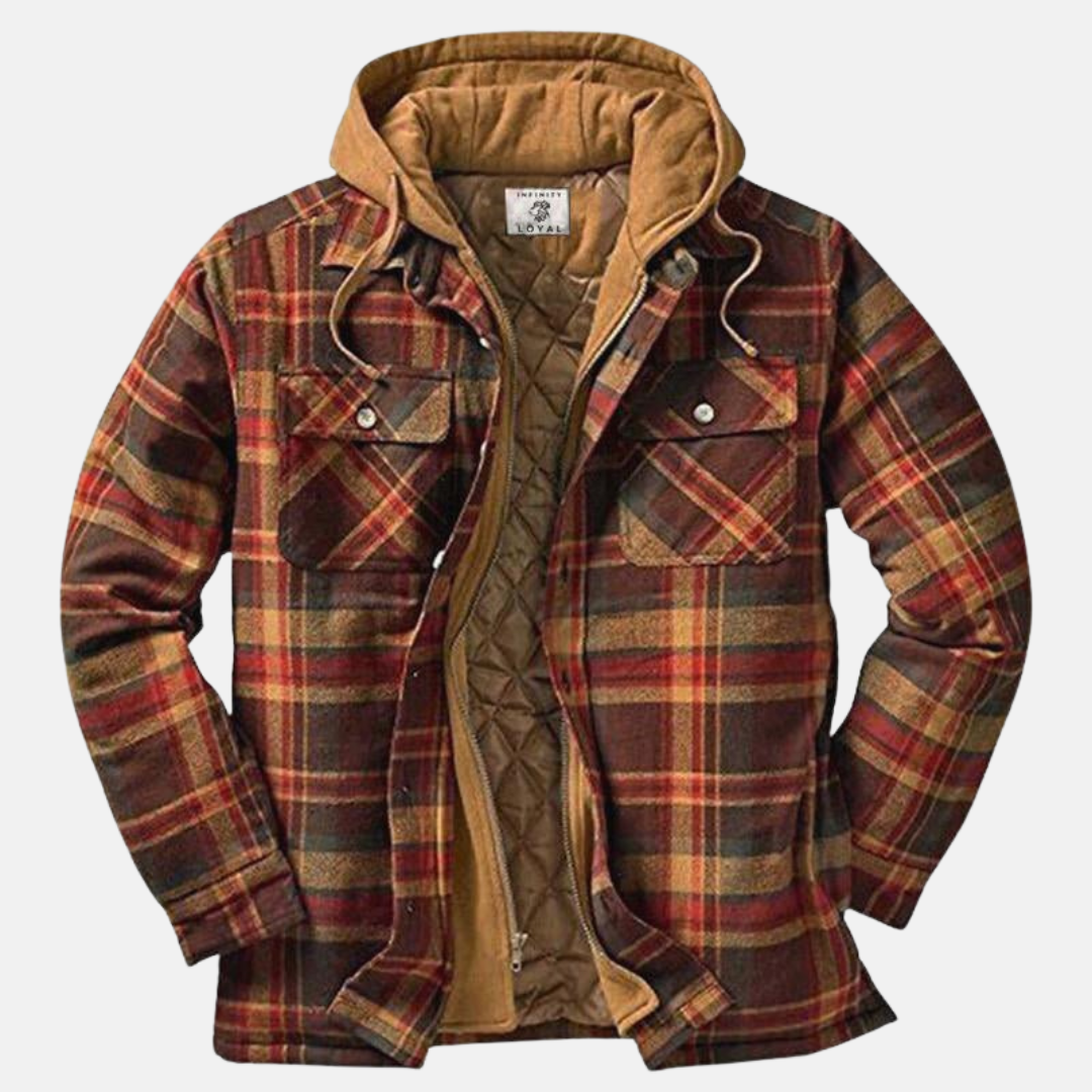 NOUVEAU RICHE Karierte Herrenjacke mit Kapuze – Hemdjacke mit gestepptem Futter & Reissverschluss, Overshirt, S–5XL – Calico Braun