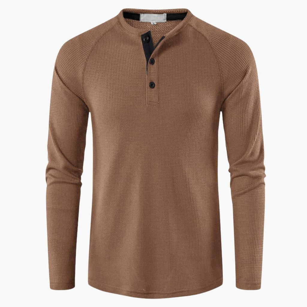 NOUVEAU RICHE Herren Henley Langarmshirt Mit Knopfleiste Natürliche Textur Khaki