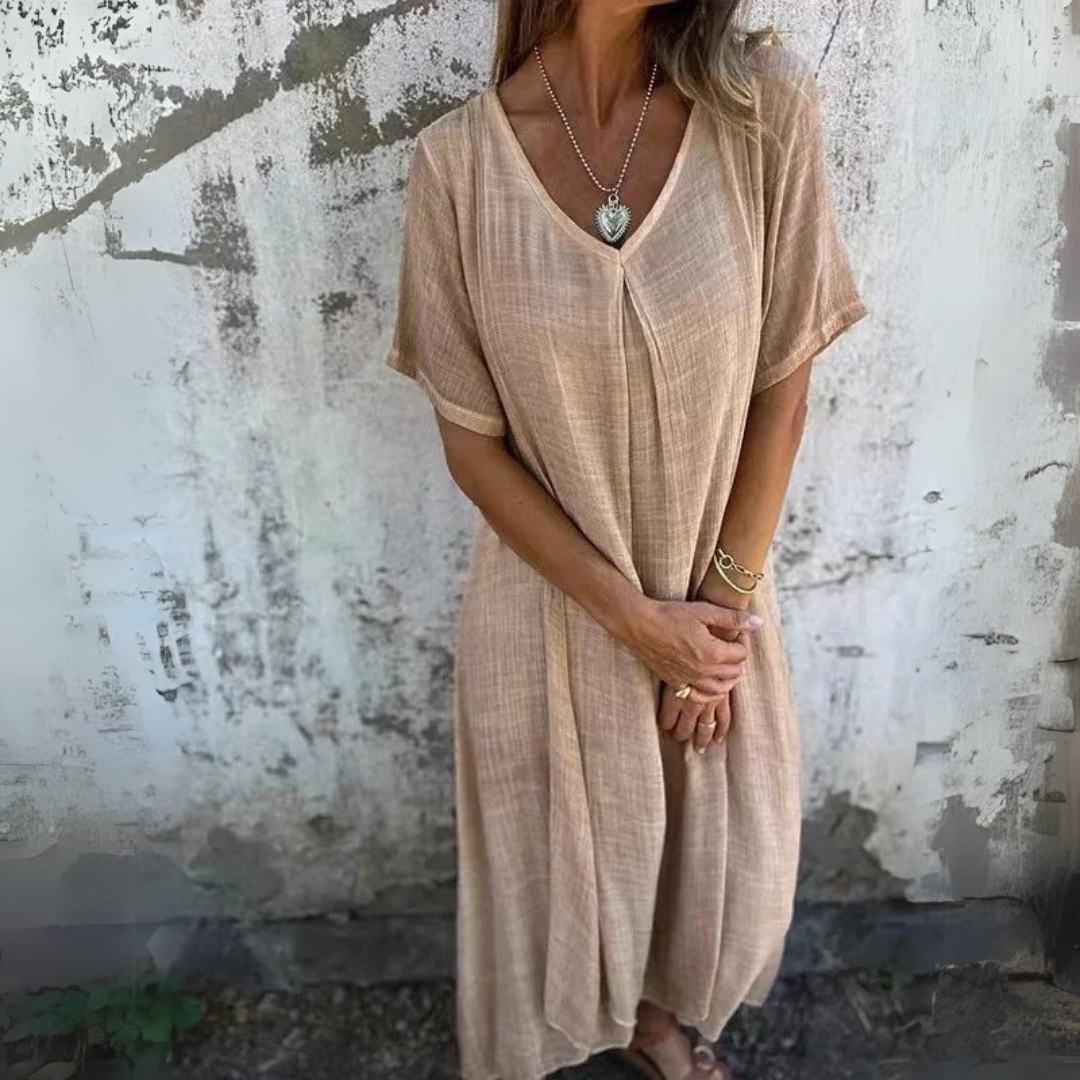 NOUVEAU RICHE Kleid Aus Baumwolle Und Leinen V Ausschnitt Leicht Luftig Beige S