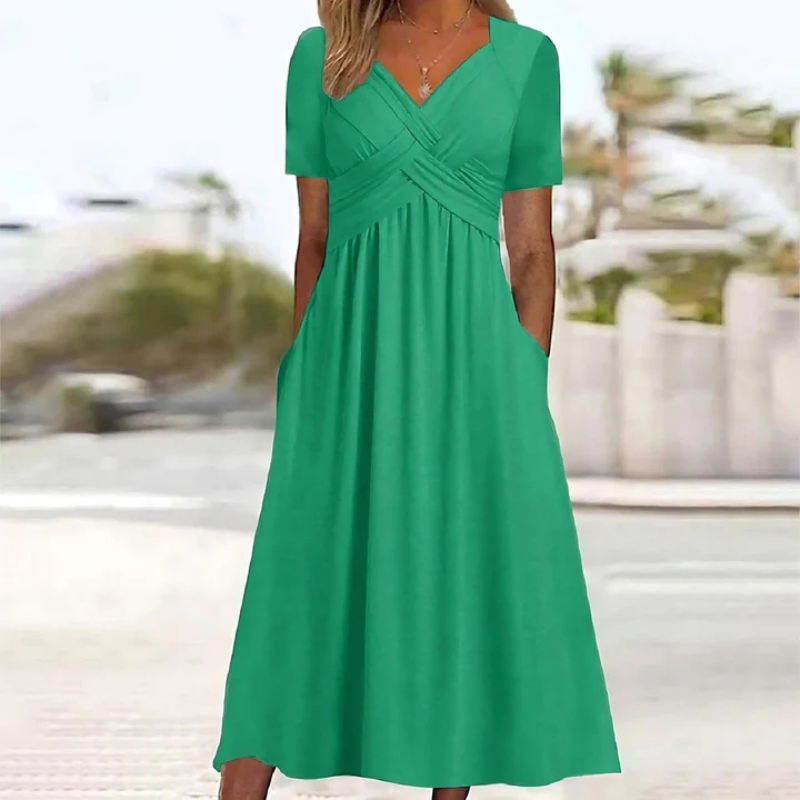 NOUVEAU RICHE Damen Weiches A-Linien-Kleid Mit V-Ausschnitt Midi Alltag Grün