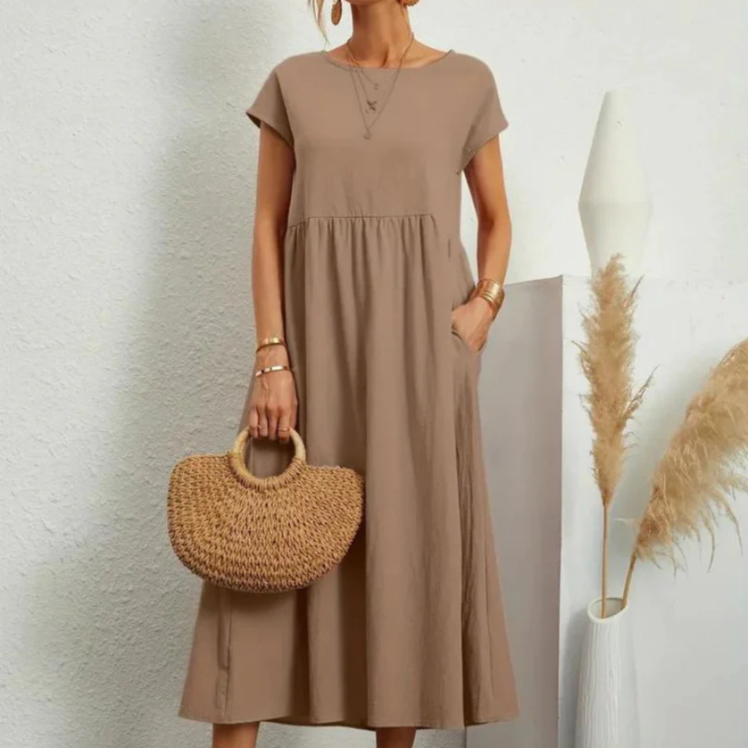 NOUVEAU RICHE Fließendes Baumwollkleid Leichtes Sommerkleid Beige Sandkhaki