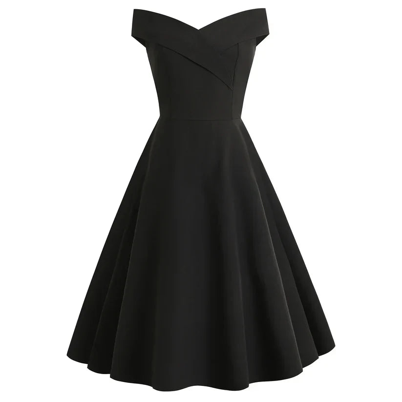 NOUVEAU RICHE Damen Off-Shoulder A-Linien Midi-Kleid Vintage-Charme Schwarz