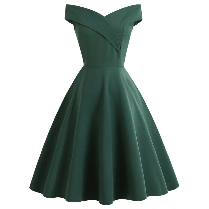 NOUVEAU RICHE Damen Off-Shoulder A-Linien Midi-Kleid Vintage-Charme Grün