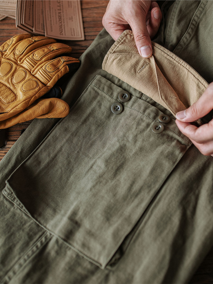 NOUVEAU RICHE Reproduktion Der Französischen Armee M-47 Fischgrät-Twill-Hosen Aus 100 Prozent Baumwolle Mit 100 Prozent Leinenfutter Für Herren