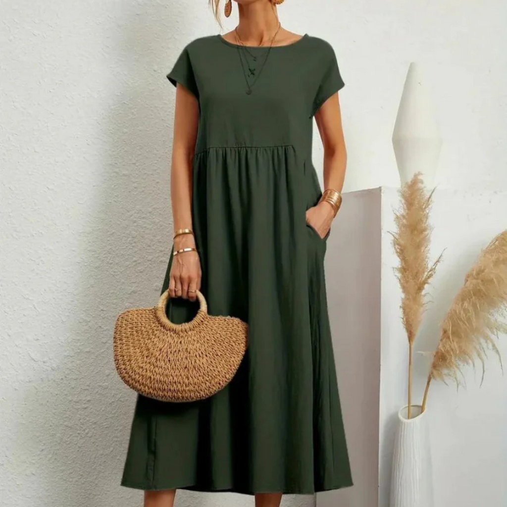 NOUVEAU RICHE Fließendes Baumwollkleid Leichtes Sommerkleid Beige Olivgrün
