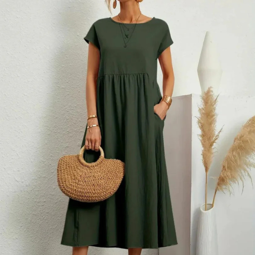 NOUVEAU RICHE Fließendes Baumwollkleid Leichtes Sommerkleid Beige Olivgrün