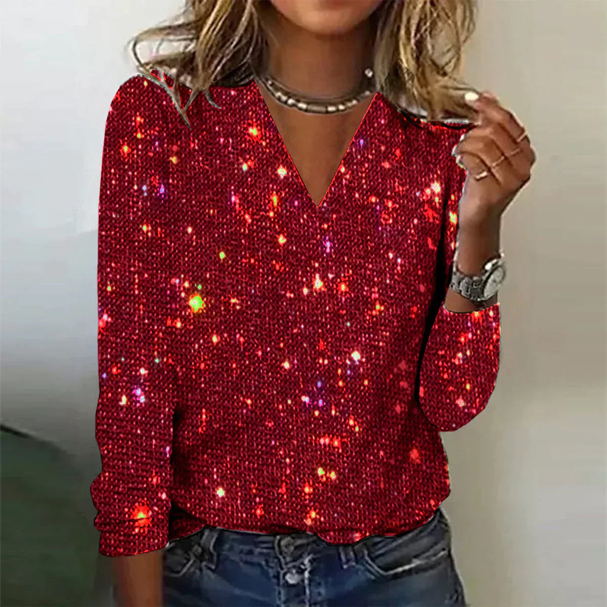 NOUVEAU RICHE Glänzender Pullover mit V-Ausschnitt Paillettenverzierungen Rot