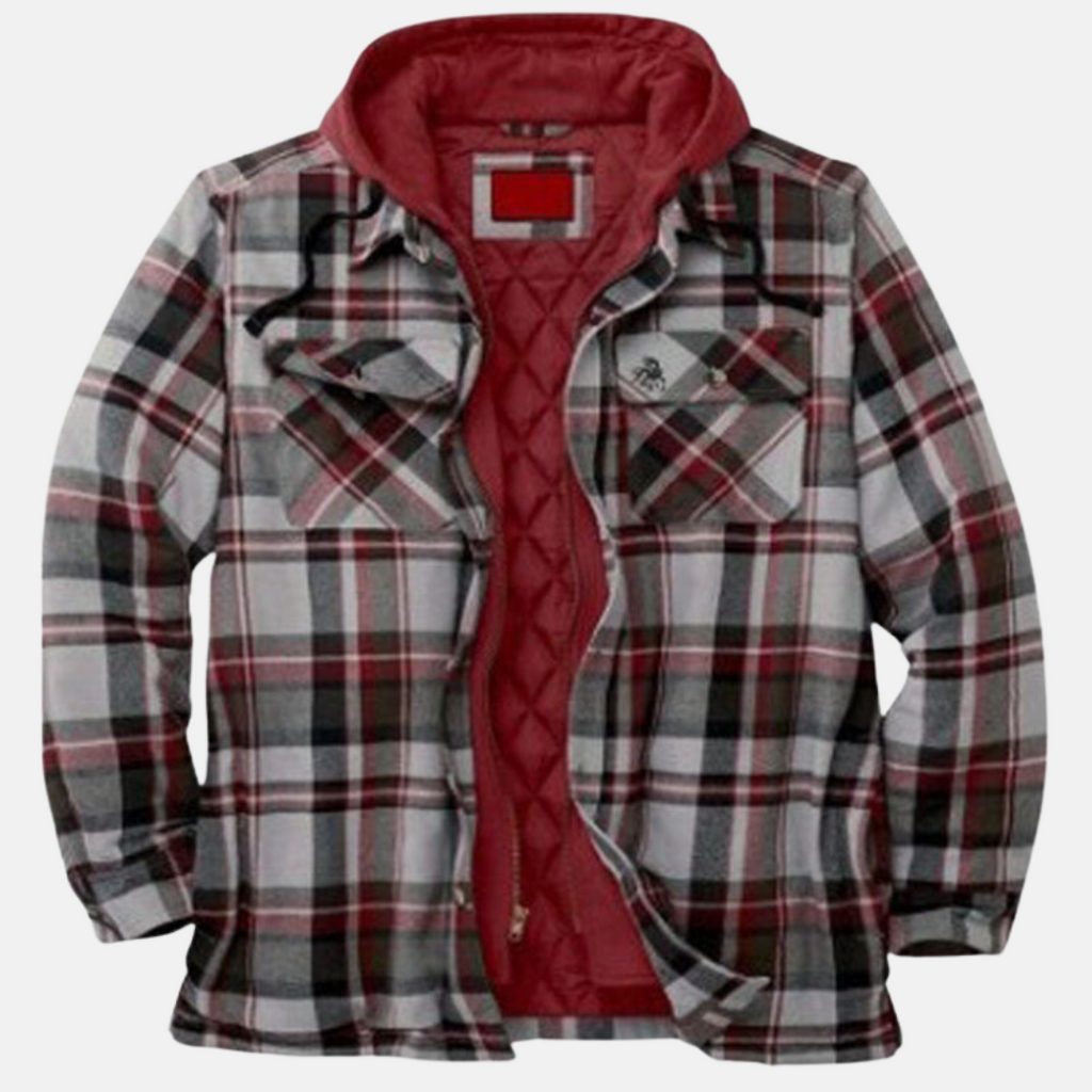 NOUVEAU RICHE Karierte Herrenjacke mit Kapuze – Hemdjacke mit gestepptem Futter & Reissverschluss, Overshirt, S–5XL – Calico Rot