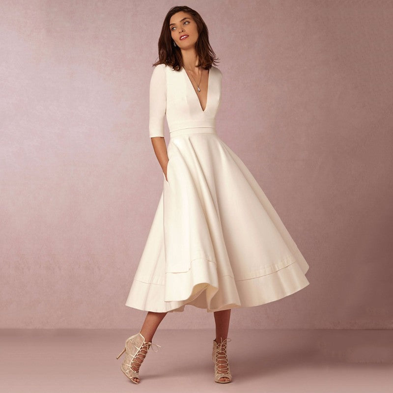 NOUVEAU RICHE Midikleid Damen A-Linie V-Ausschnitt Halbarmlänge Elegant Weiß