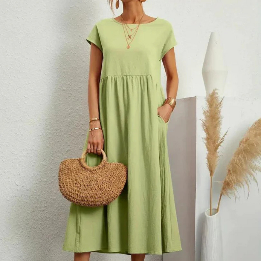 NOUVEAU RICHE Fließendes Baumwollkleid Leichtes Sommerkleid Beige Sanftes Mintgrün