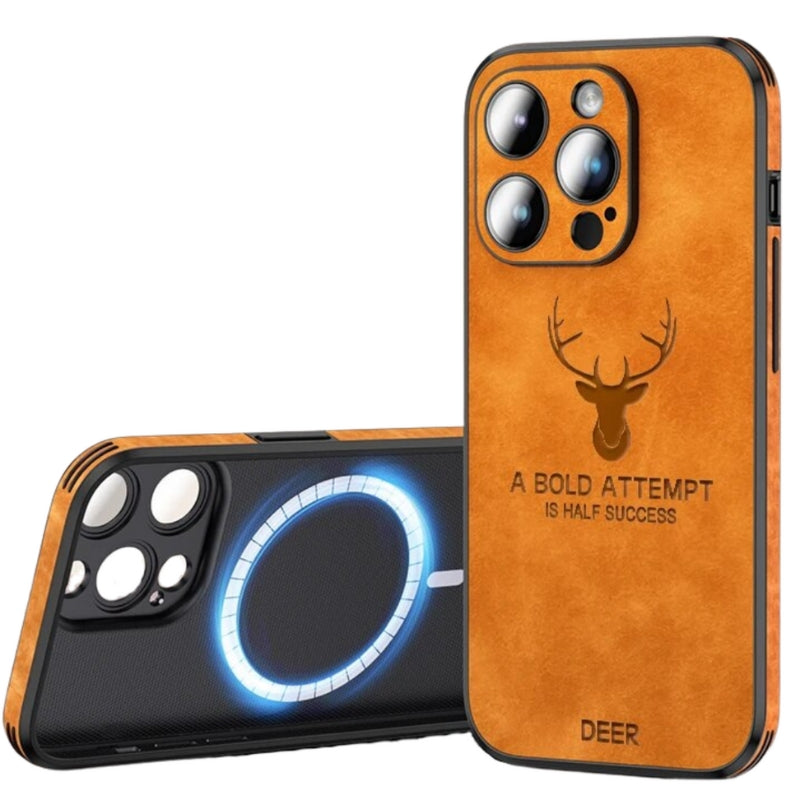 NOUVEAU RICHE Luxuriöse iPhone-Hülle aus Hirschleder – Echtleder Handyhülle mit Kameraschutz, stossfest, für iPhone 12–15 – Veltro Orange