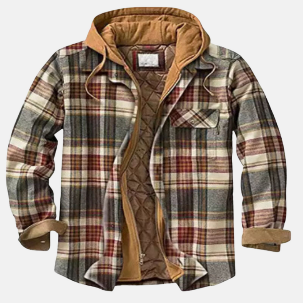 NOUVEAU RICHE Karierte Herrenjacke mit Kapuze – Hemdjacke mit gestepptem Futter & Reissverschluss, Overshirt, S–5XL – Calico Khaki