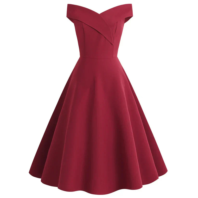 NOUVEAU RICHE Damen Off-Shoulder A-Linien Midi-Kleid Vintage-Charme Rot