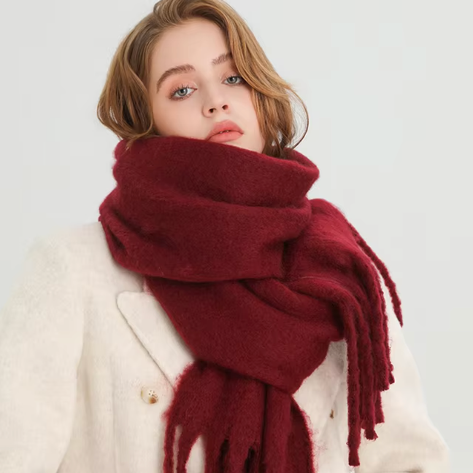 NOUVEAU RICHE Kaschmir-Winter-Schal Cashmere-ähnlichem Stoff Fransen Weinrot Einheitsgröße
