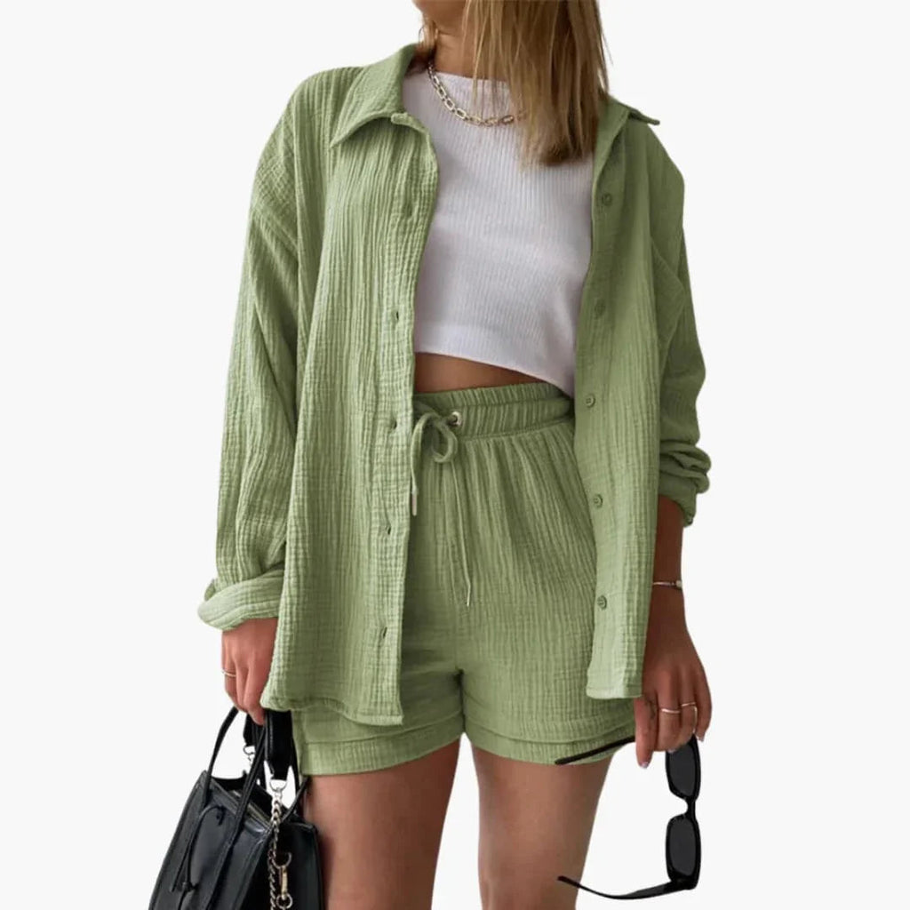 NOUVEAU RICHE Sommer Set Damen Zweiteilig Leichter Stoff Lockere Passform Hellgrün