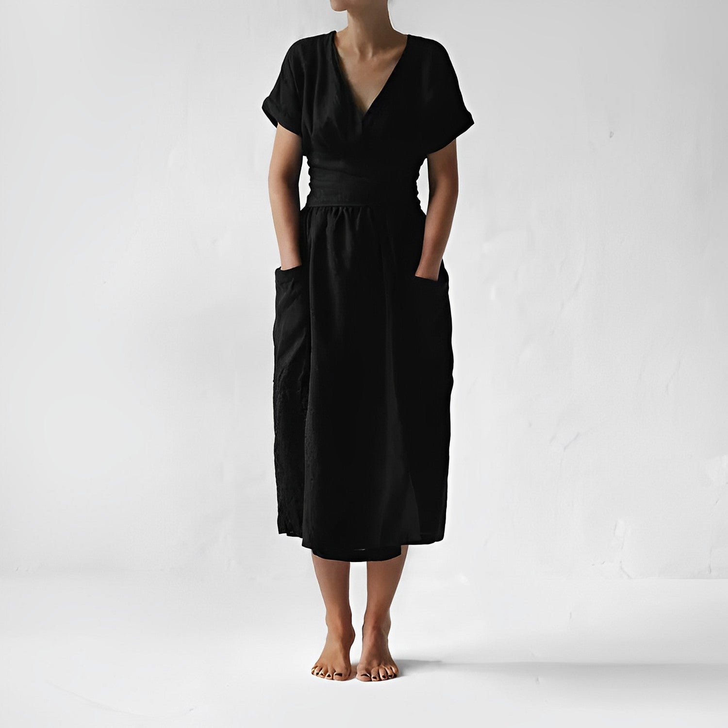 NOUVEAU RICHE Midikleid Mit Gürtel Seitentaschen V Ausschnitt Kimonoärmel