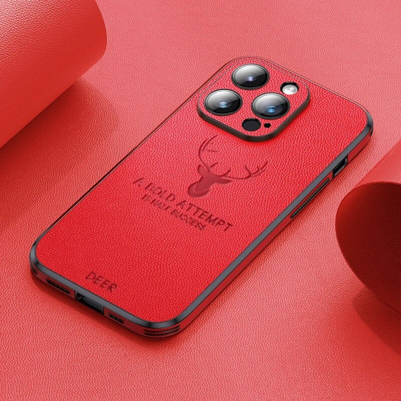 NOUVEAU RICHE Luxuriöse iPhone-Hülle aus Hirschleder – Echtleder Handyhülle mit Kameraschutz, stossfest, für iPhone 12–15 – Veltro Rot