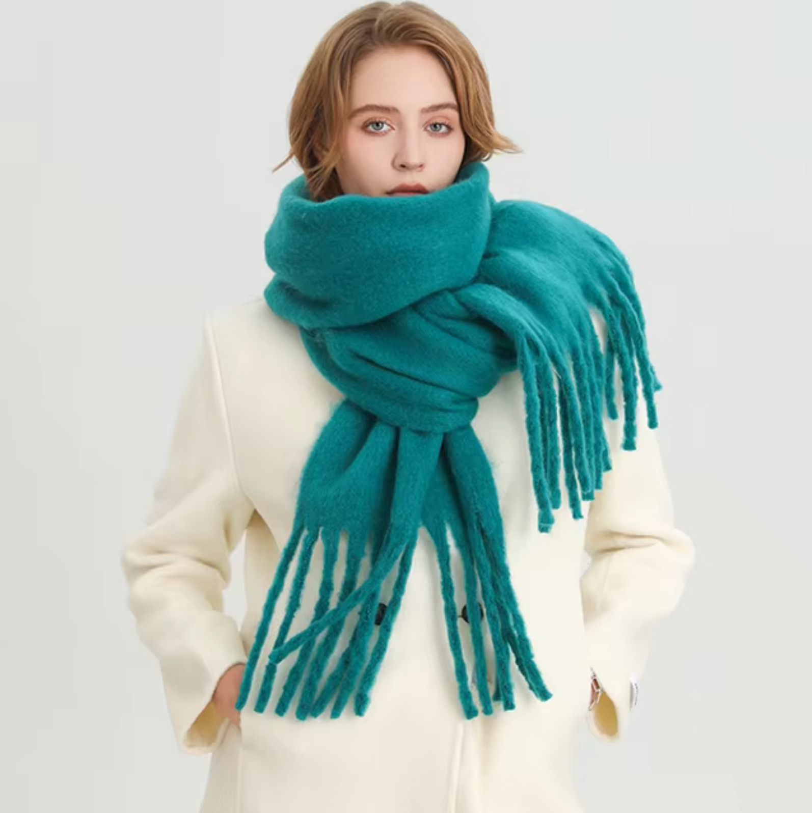 NOUVEAU RICHE Kaschmir-Winter-Schal Cashmere-ähnlichem Stoff Fransen Türkis Einheitsgröße