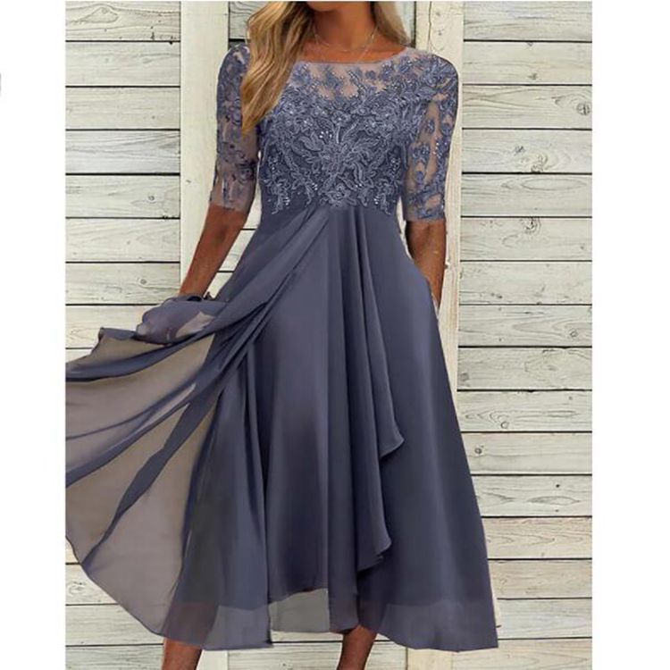 NOUVEAU RICHE Midikleid Chiffon Spitze Dreiviertelarm Festlich Abendkleid Lila