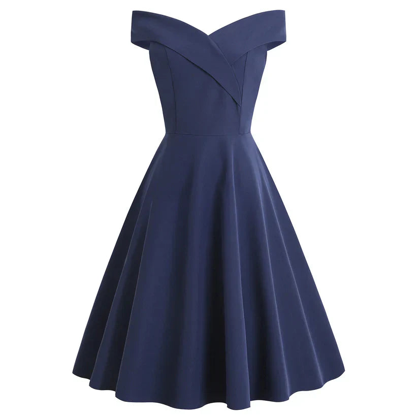 NOUVEAU RICHE Damen Off-Shoulder A-Linien Midi-Kleid Vintage-Charme Blau