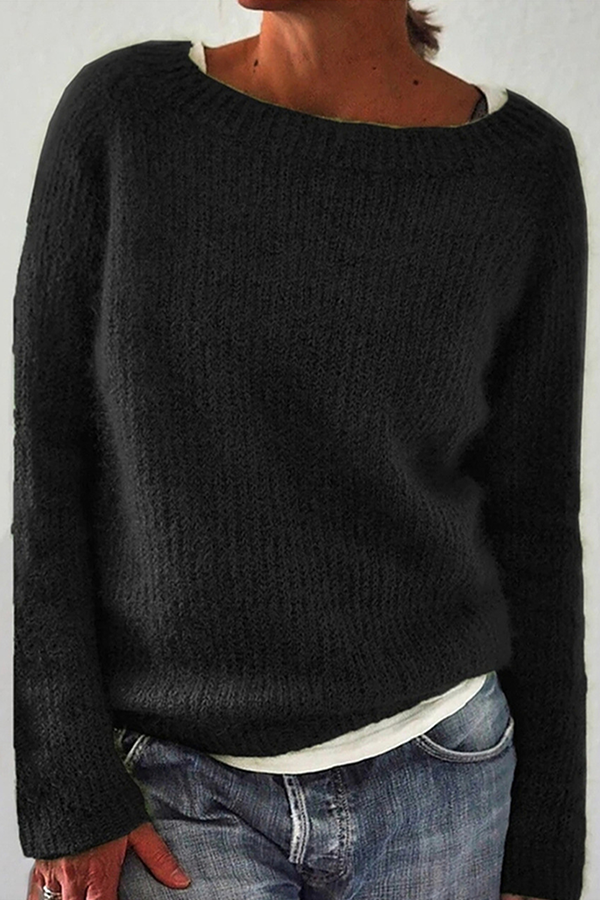 NOUVEAU RICHE Lässige Einfarbige Basic O-Ausschnitt Pullover 6 Farben Schwarz
