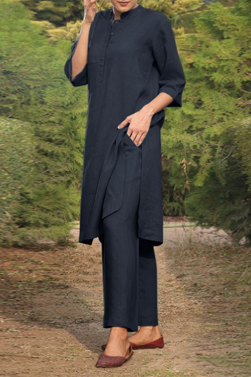 NOUVEAU RICHE Lässiger Einfarbiger Taschen O-Ausschnitt Langarm Zweiteiler