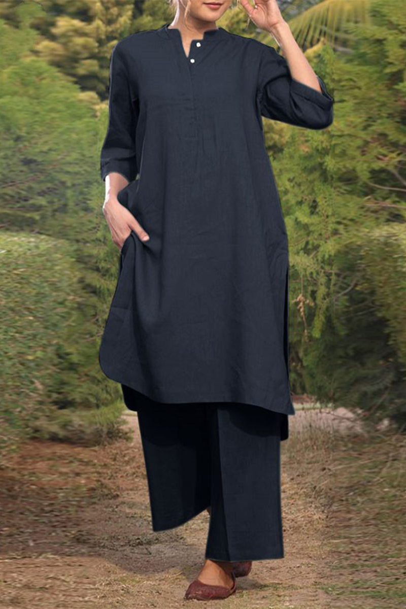 NOUVEAU RICHE Lässiger Einfarbiger Taschen O-Ausschnitt Langarm Zweiteiler Tiefblau