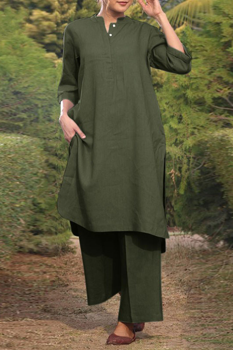 NOUVEAU RICHE Lässiger Einfarbiger Taschen O-Ausschnitt Langarm Zweiteiler Olivgrün