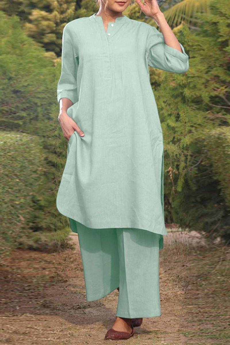 NOUVEAU RICHE Lässiger Einfarbiger Taschen O-Ausschnitt Langarm Zweiteiler Hellgrün