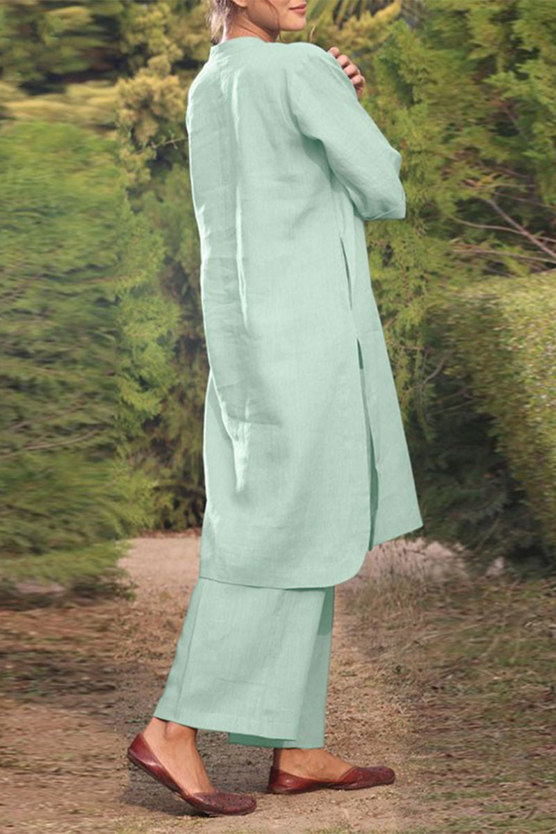 NOUVEAU RICHE Lässiger Einfarbiger Taschen O-Ausschnitt Langarm Zweiteiler