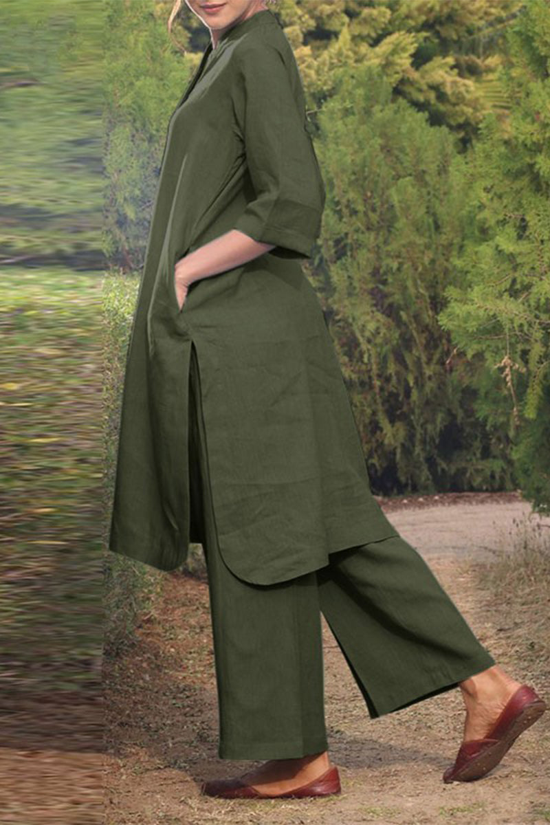 NOUVEAU RICHE Lässiger Einfarbiger Taschen O-Ausschnitt Langarm Zweiteiler