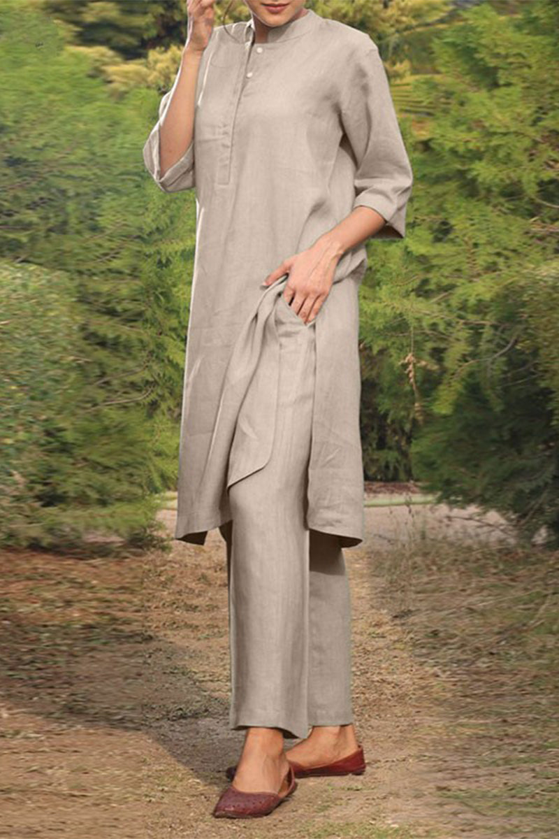 NOUVEAU RICHE Lässiger Einfarbiger Taschen O-Ausschnitt Langarm Zweiteiler